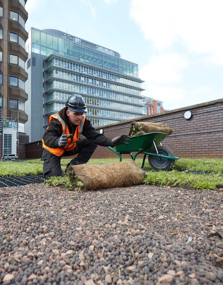 person laying down turf on a blue-green roof