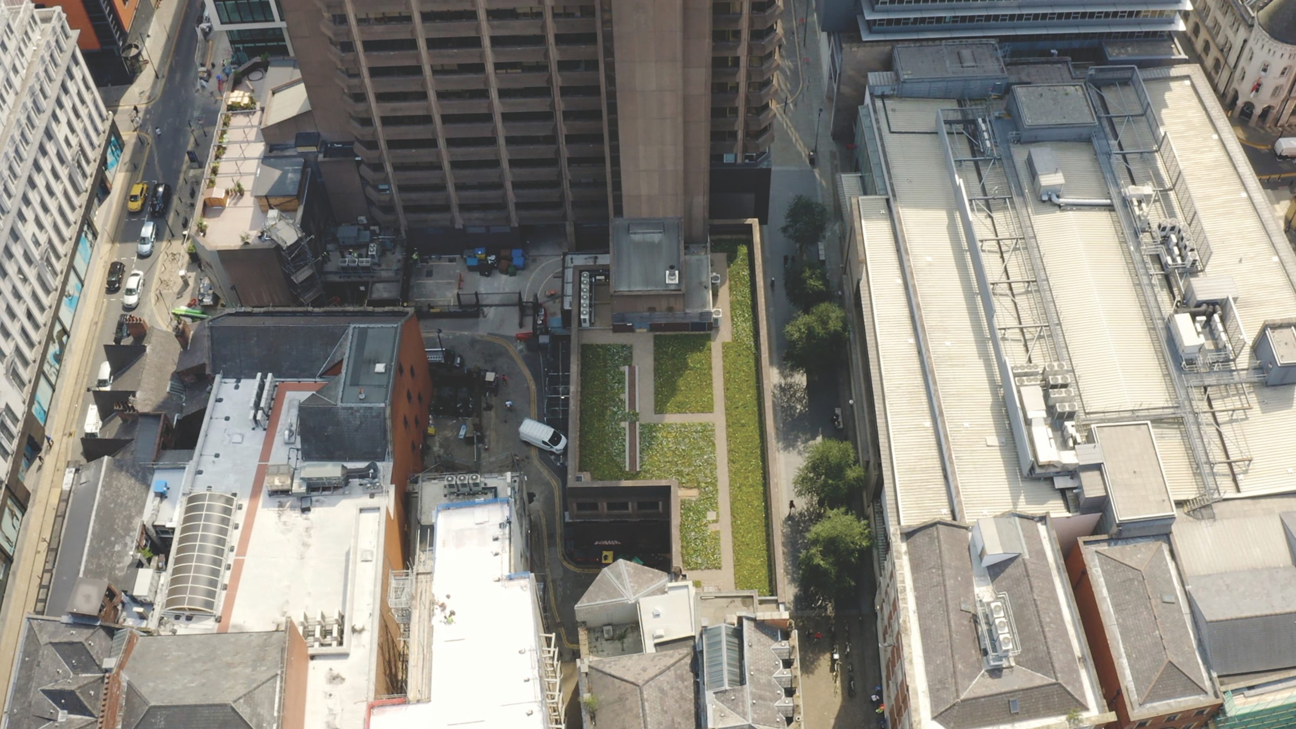 birds eye image of a blue green roof