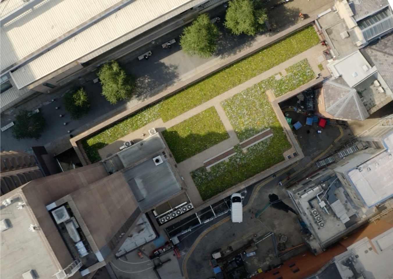 blue green roof from drone